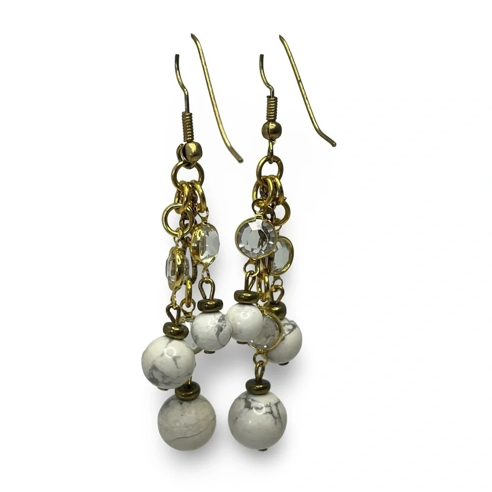 Gold and White Stone Crystal Dangle Earrings